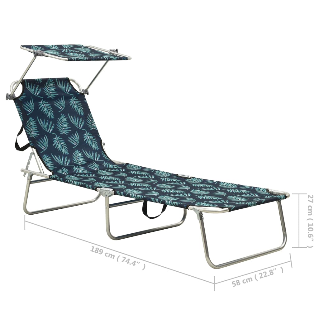 vidaXL Folding Sun Lounger with Canopy Steel Leaves Print