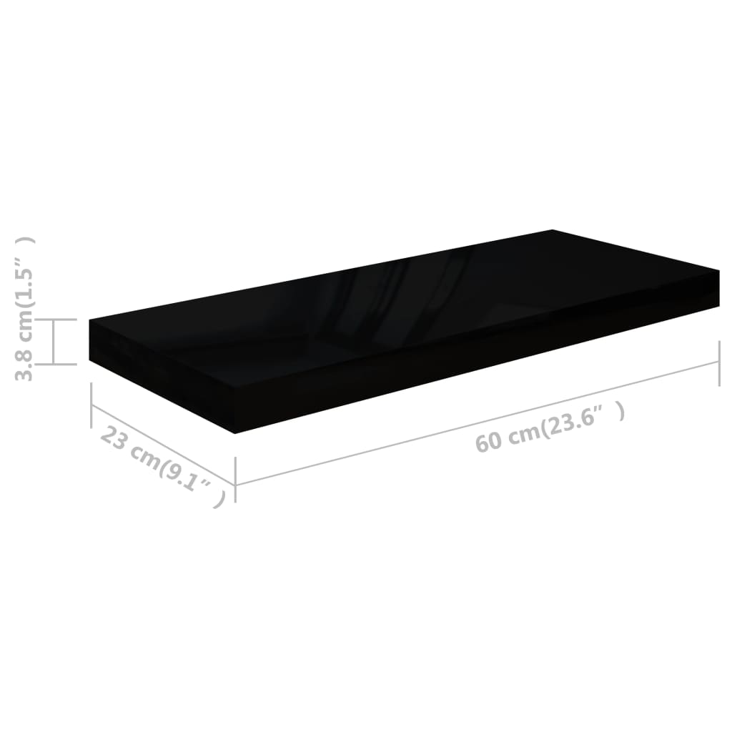 vidaXL Floating Wall Shelves 2 pcs High Gloss Black 60x23.5x3.8 cm MDF