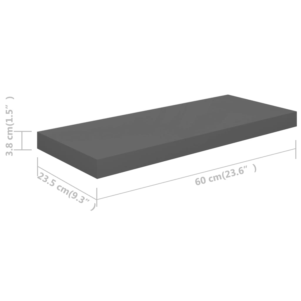 vidaXL Floating Wall Shelves 2 pcs High Gloss Grey 60x23.5x3.8 cm MDF