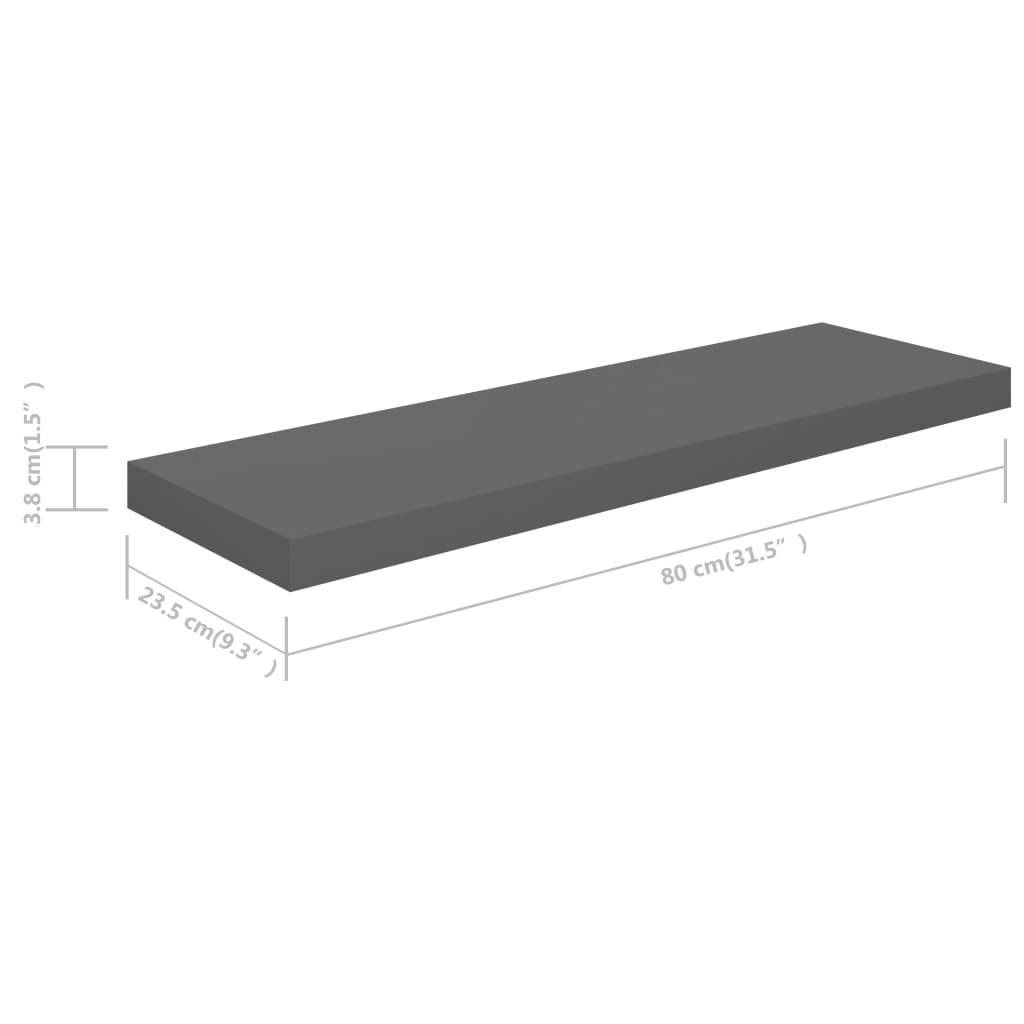 vidaXL Floating Wall Shelves 2 pcs High Gloss Grey 80x23.5x3.8 cm MDF