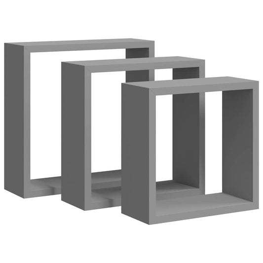 323951 vidaXL Wall Cube Shelves 3 pcs Grey MDF