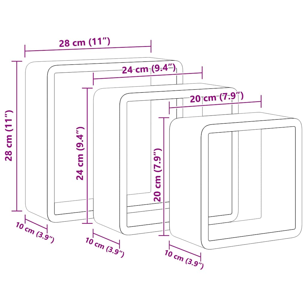 vidaXL Wall Cube Shelf | Set of 3 | White | MDF | Small, Medium, Large