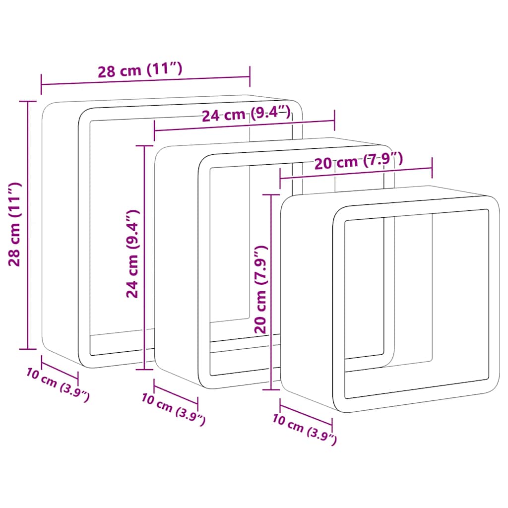 vidaXL Wall Cube Shelf | Set of 3 | Grey | MDF | Small | Appealing Design