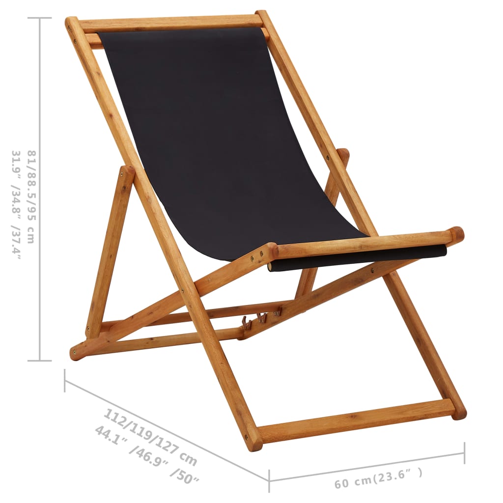 vidaXL Beach Chair | Black | Solid eucalyptus wood, 100% polyester fabric