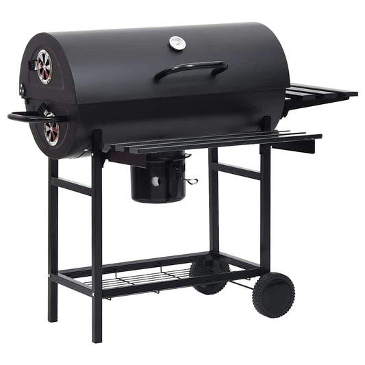 313636 vidaXL Barrel Grill with Wheels and Shelves Black Steel 115x85x95 cm
