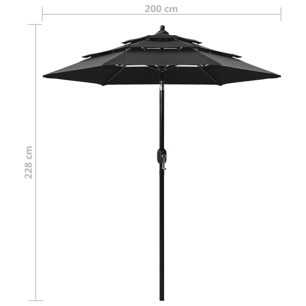 vidaXL 3-Tier Garden Parasol with Aluminium Pole Black 2 m
