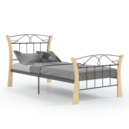 vidaXL Bed Frame | Black and natural | Powder-coated metal, solid oak wood