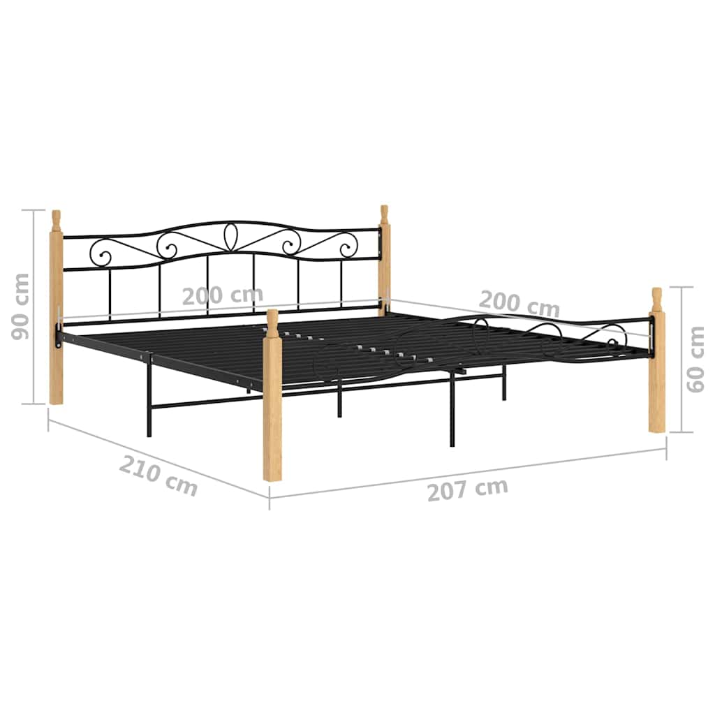 vidaXL Bed Frame without Mattress Black Metal&Solid Oak Wood 200x200 cm