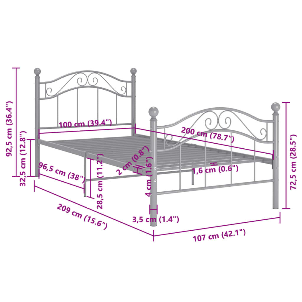 vidaXL Bed Frame without Mattress Grey Metal 100x200 cm
