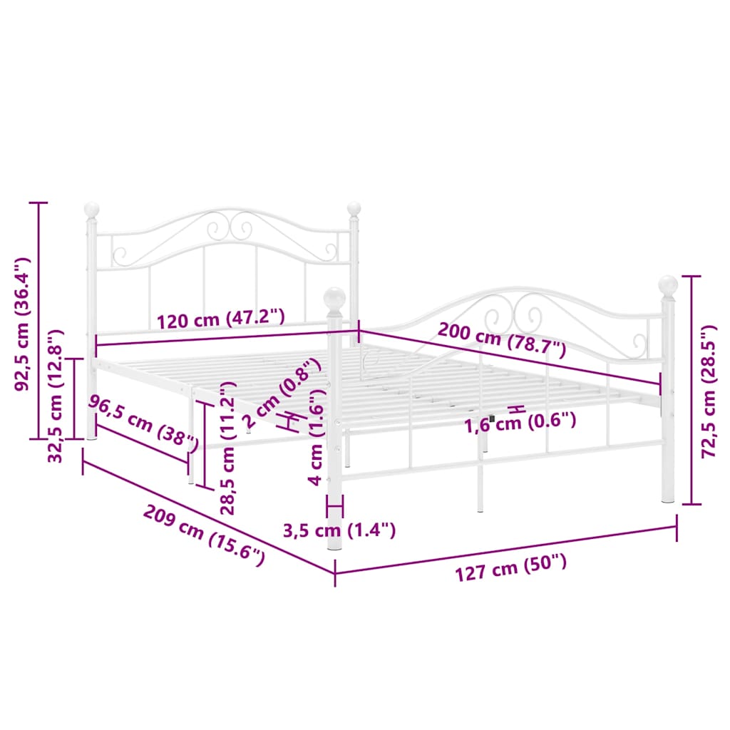 vidaXL Bed Frame without Mattress White Metal 120x200 cm