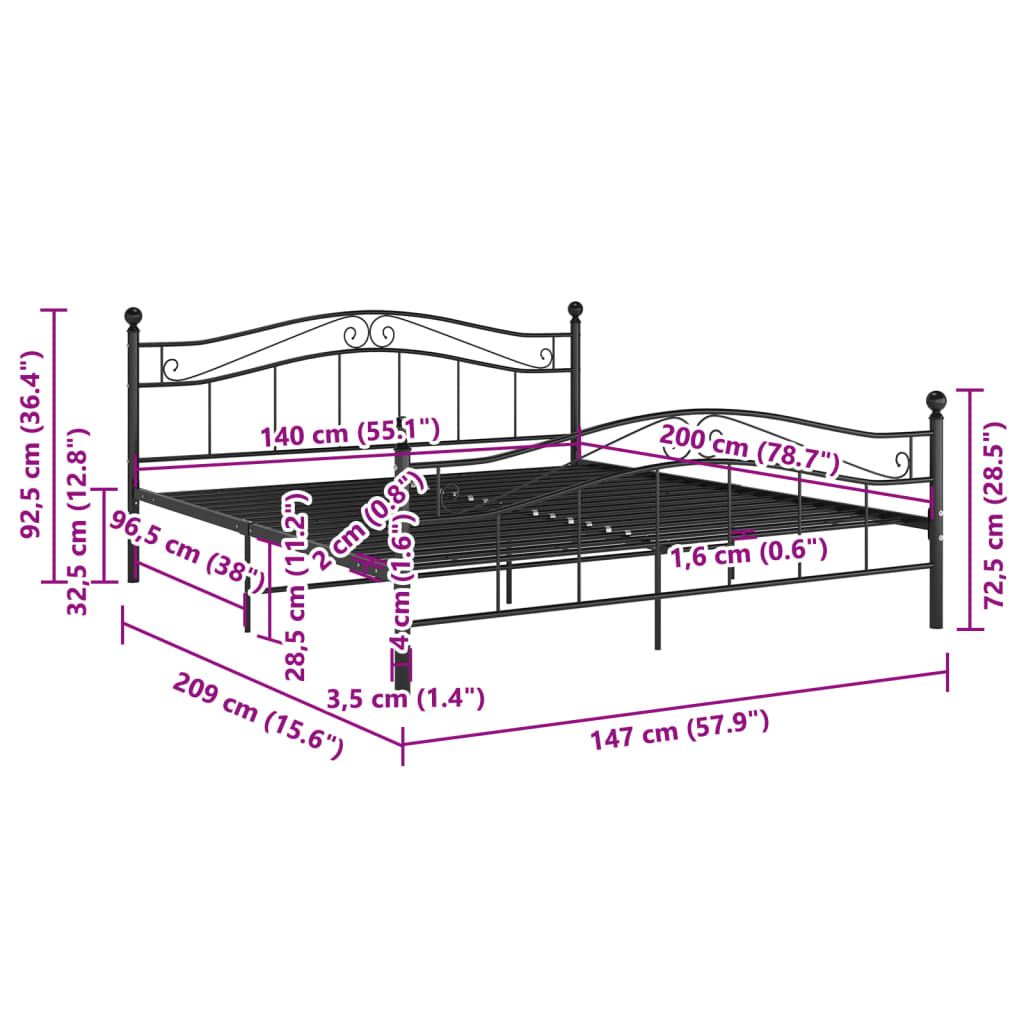 vidaXL Bed Frame | Black | Powder-coated metal | 140x200 cm Mattress Size