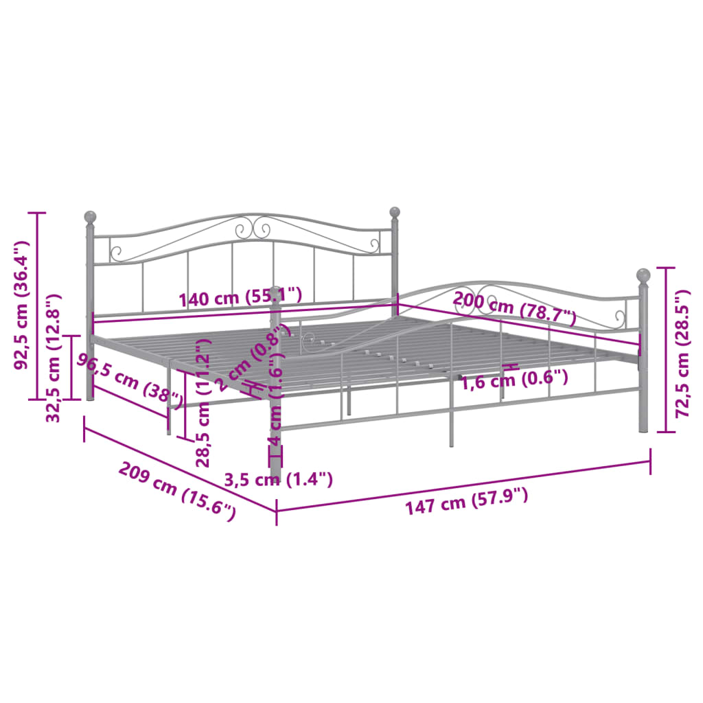vidaXL Bed Frame | Grey | Powder-coated metal | 140 x 200 cm | Durable