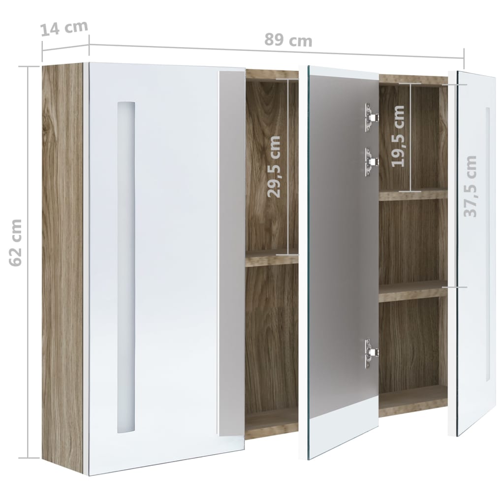 vidaXL LED Bathroom Mirror Cabinet 89x14x62 cm White and Oak