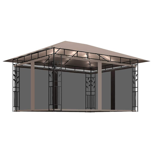 vidaXL Gazebo with Mosquito Net&LED String Lights 4x3x2,73 m Taupe