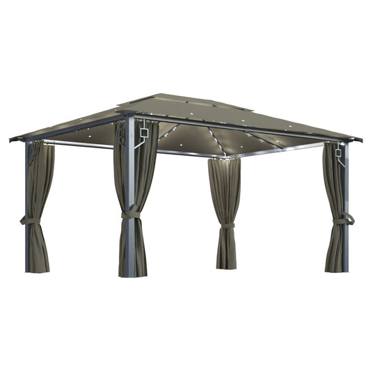 3070337 vidaXL Gazebo with Curtain&LED String Lights 4x3 m Taupe Aluminium (313894+315536)
