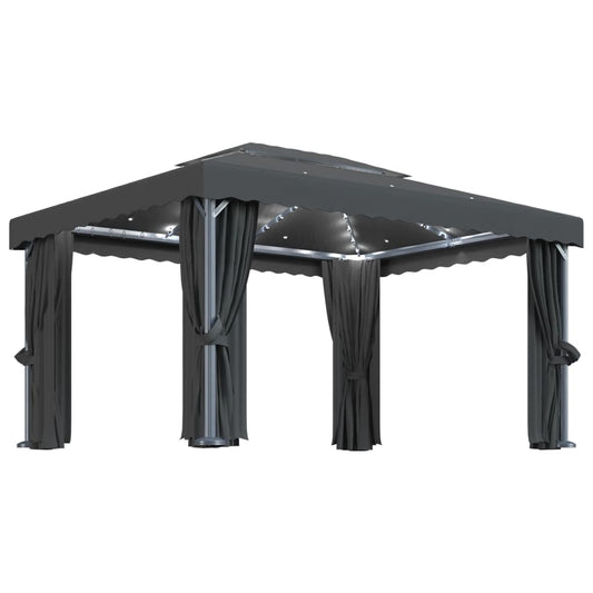 vidaXL Gazebo with Curtain&LED String Lights 4x3 m Anthracite