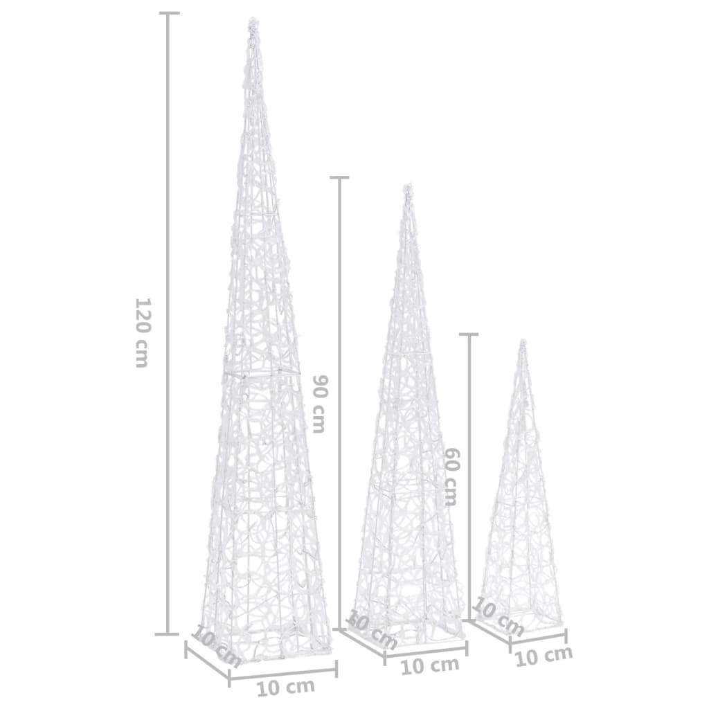 328972 vidaXL Acrylic Decorative LED Light Cone Set Cold White 60/90/120cm