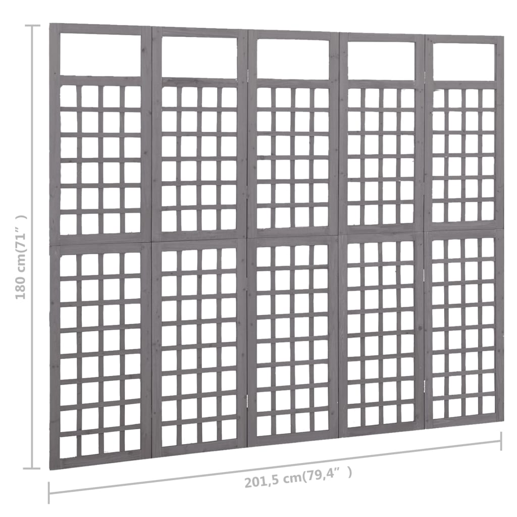 vidaXL 5-Panel Room Divider/Trellis Solid Fir Wood Grey 201.5x180 cm