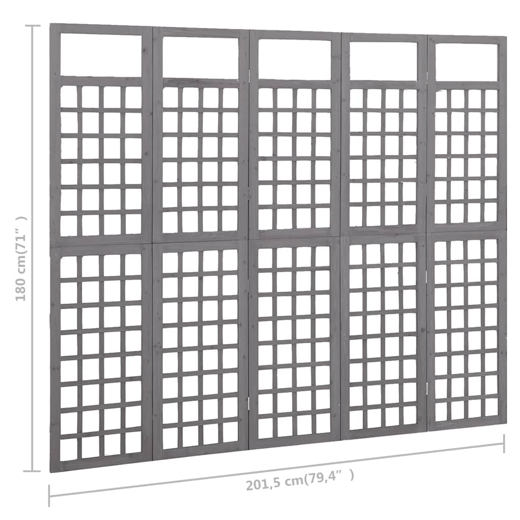 316488 vidaXL 5-Panel Room Divider/Trellis Solid Fir Wood Grey 201,5x180 cm