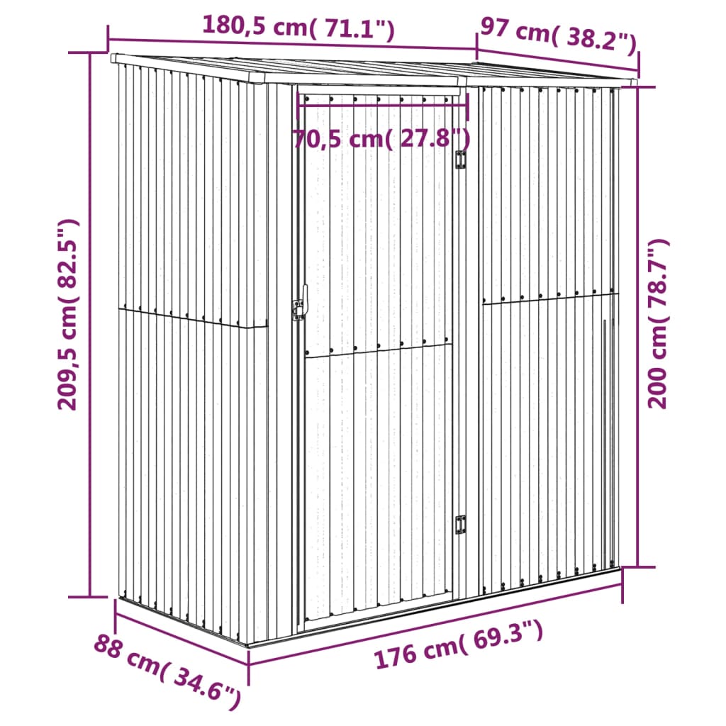 vidaXL Garden Shed 180.5x97x209.5 cm Galvanised Steel Wooden Look