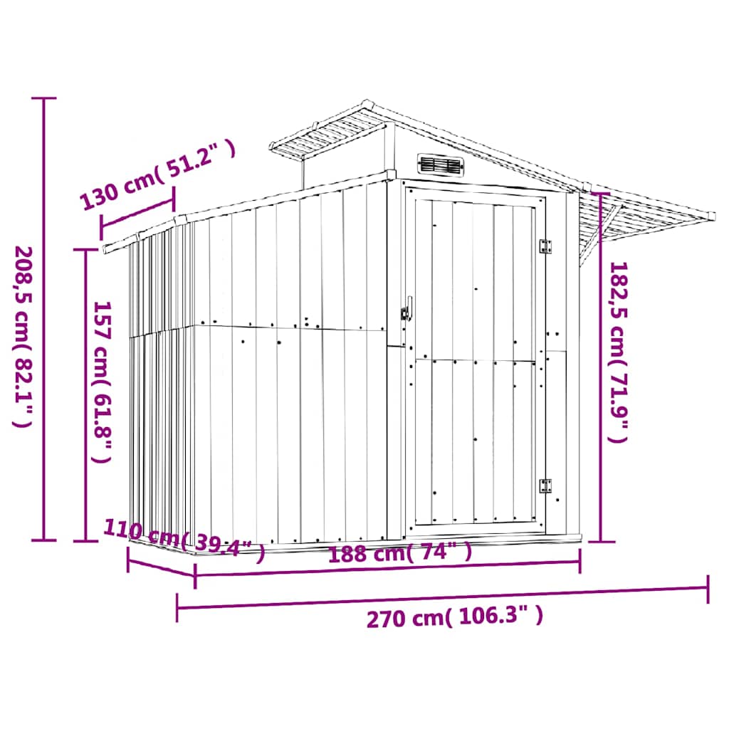 vidaXL Garden Shed Green 270x130x208,5 cm Galvanised Steel