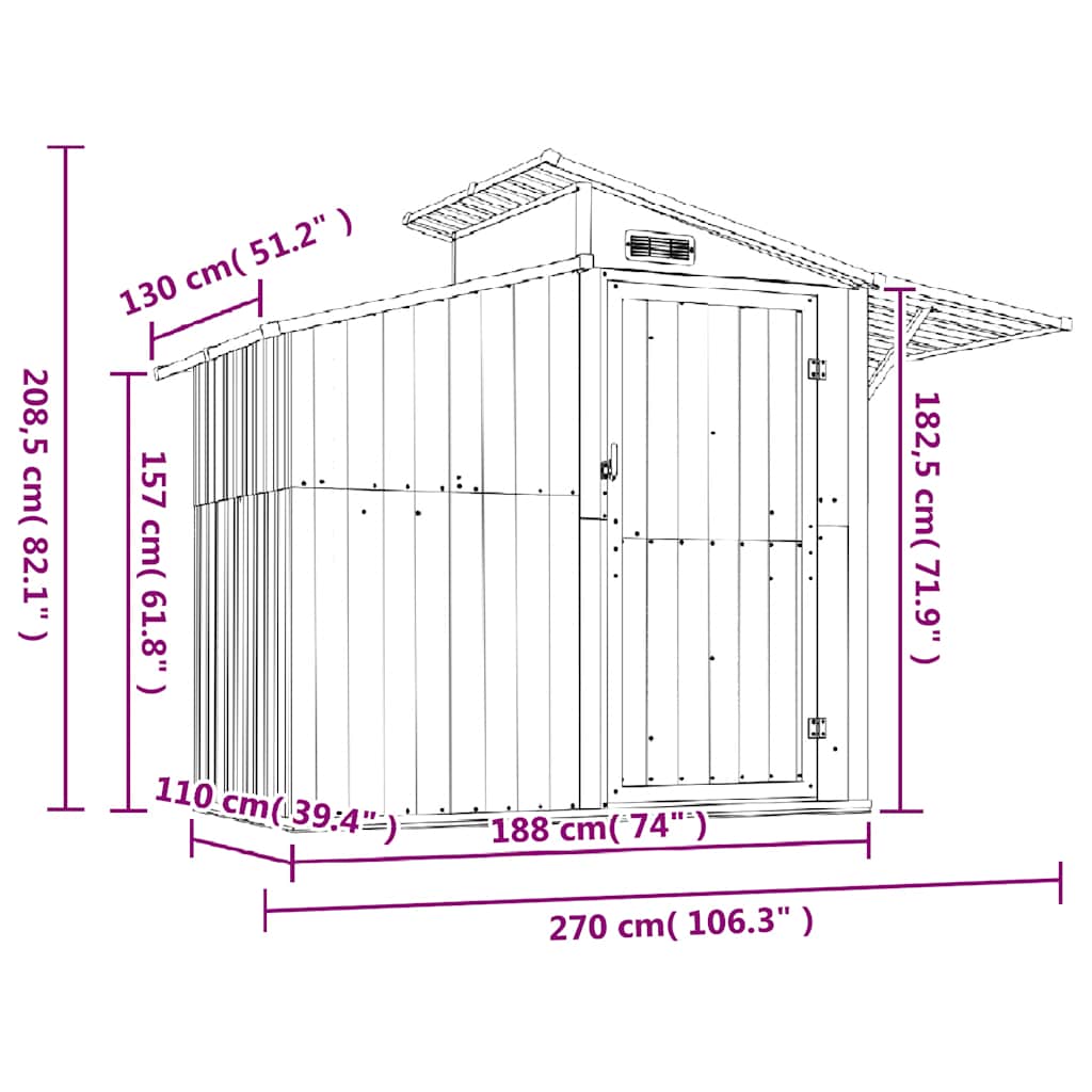 vidaXL Garden Shed Grey 270x130x208,5 cm Galvanised Steel