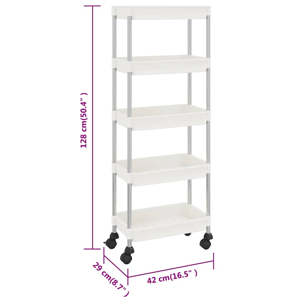 336332 vidaXL 5-Tier Kitchen Trolley White 42x29x128 cm Iron and ABS
