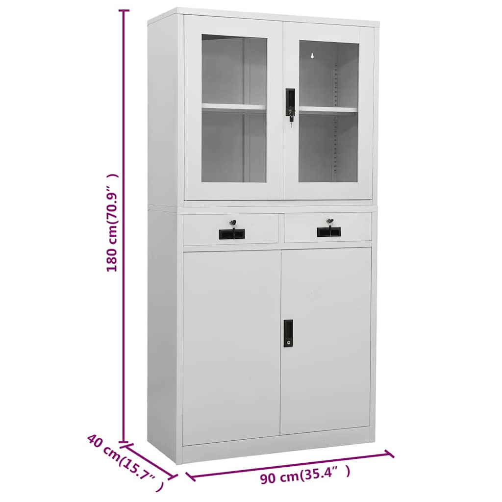 vidaXL Office Cabinet Light Grey 90x40x180 cm Steel and Tempered Glass