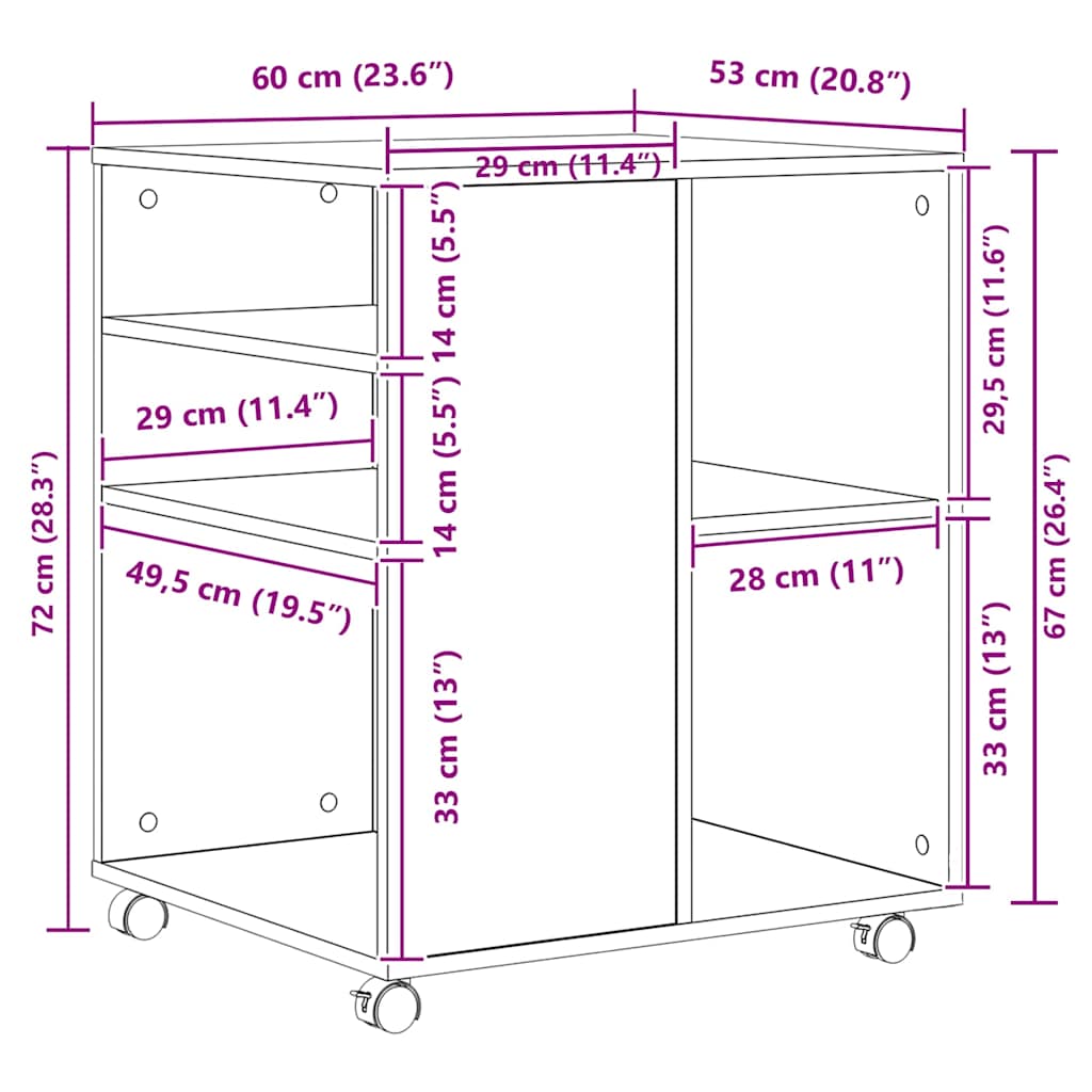 vidaXL Rolling Cabinet Sonoma Oak 60x53x72 cm Engineered Wood