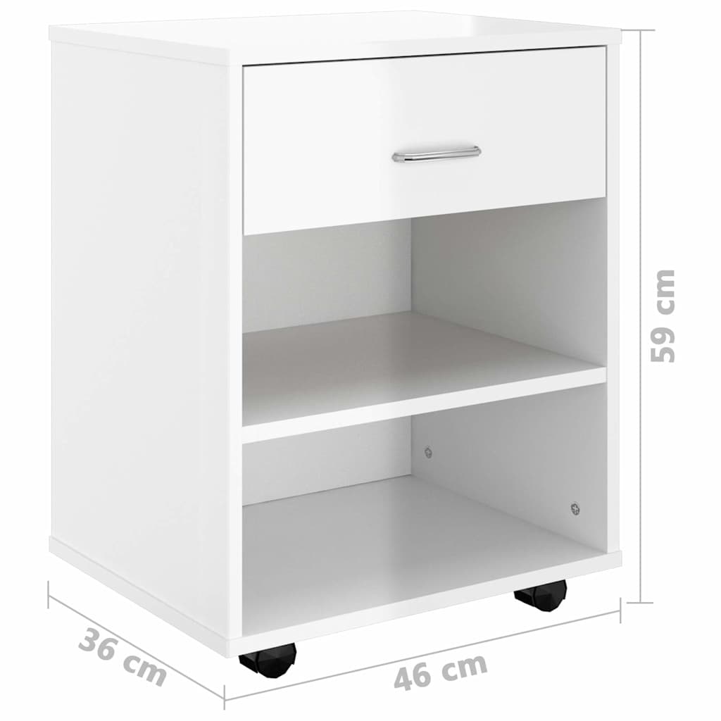 808473 vidaXL Rolling Cabinet High Gloss White 46x36x59 cm Engineered Wood