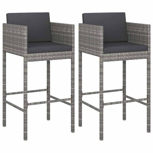 vidaXL Bar Stools with Cushions 2 pcs Grey Poly Rattan