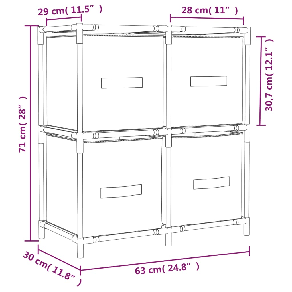 vidaXL Storage Cabinet with 4 Fabric Baskets Cream 63x30x71 cm Steel