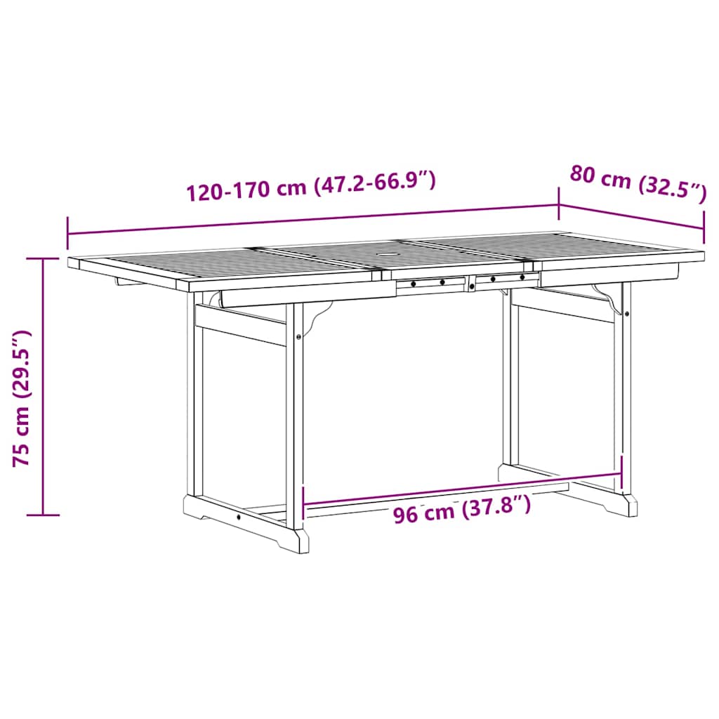 vidaXL Garden Dining Table (120-170)x80x75 cm Solid Acacia Wood