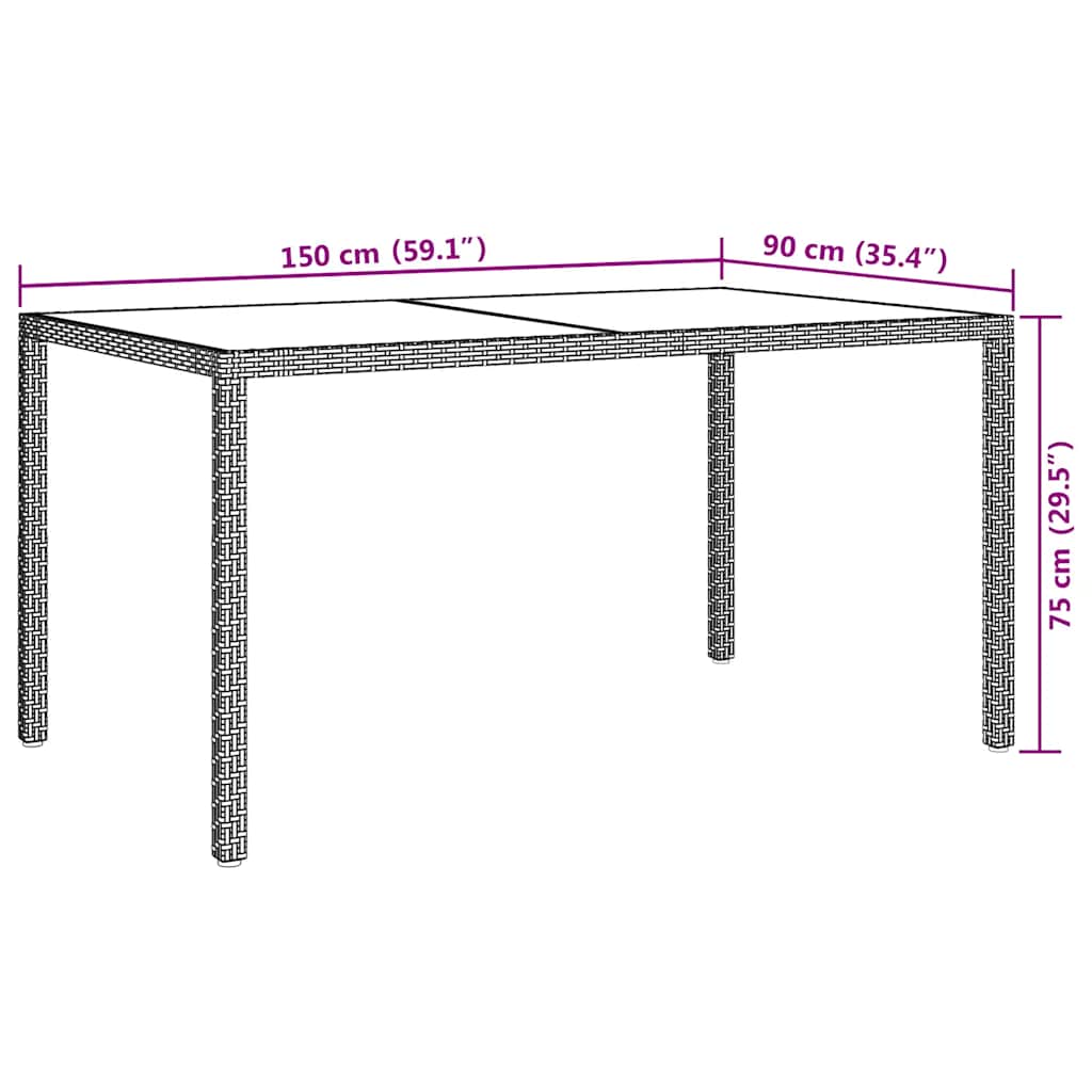 vidaXL Garden Table 150x90x75 cm Tempered Glass and Poly Rattan Brown
