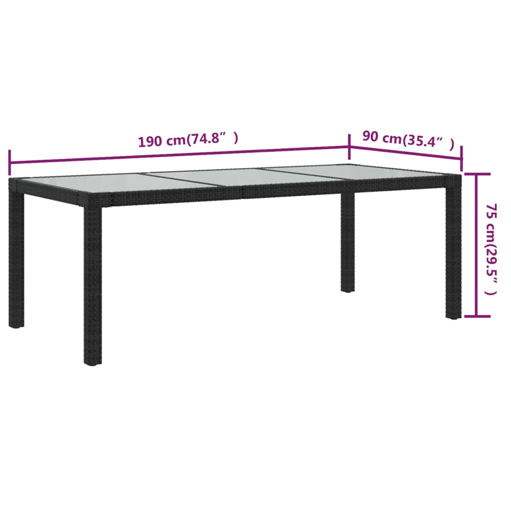 vidaXL Garden Table Black 190x90x75 cm Tempered Glass and Poly Rattan