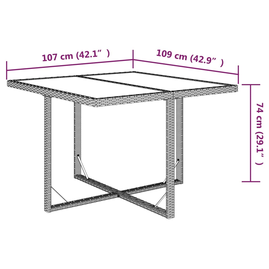 vidaXL Garden Table Brown 109x107x74 cm Poly Rattan and Glass
