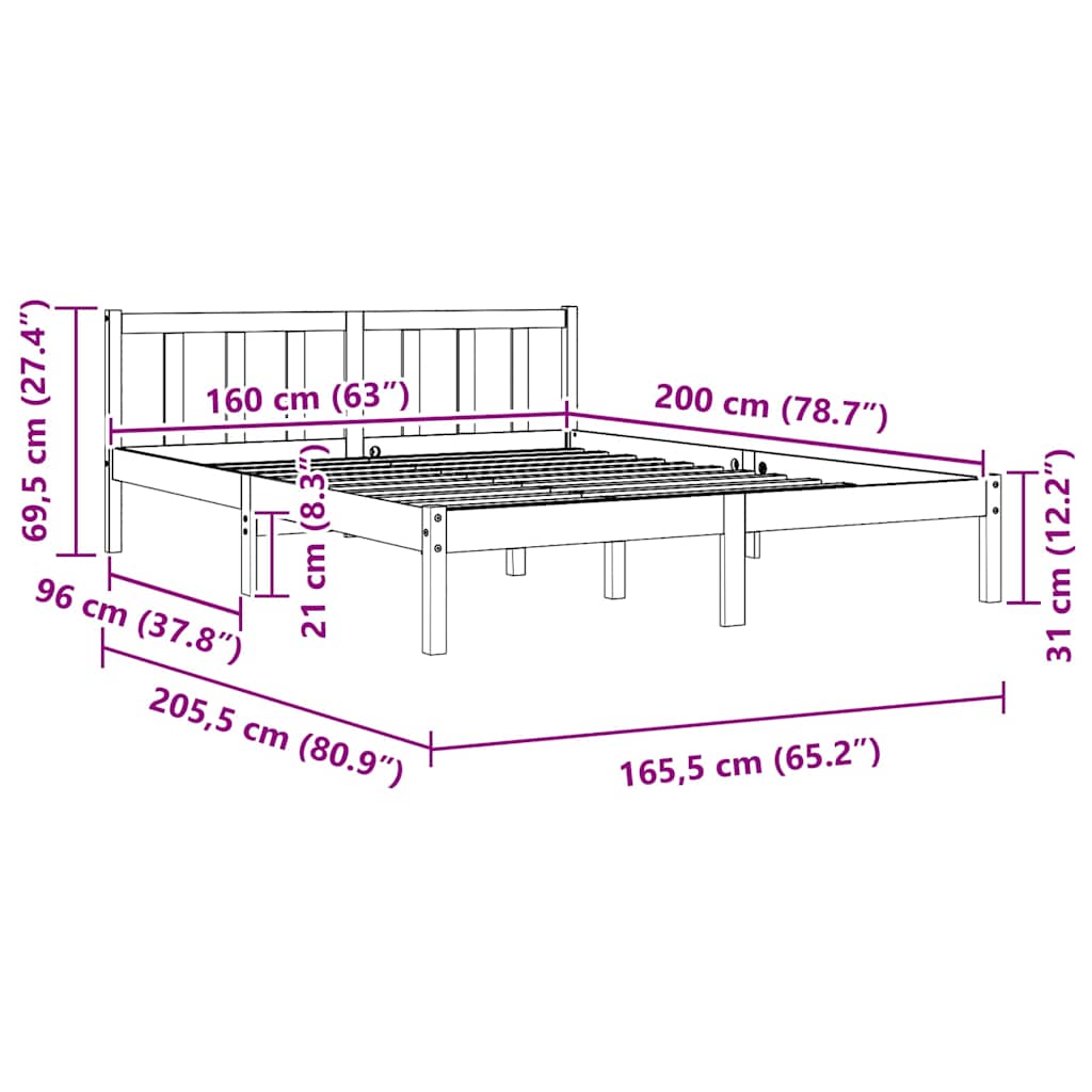 vidaXL Bed Frame without Mattress Solid Wood 160x200 cm