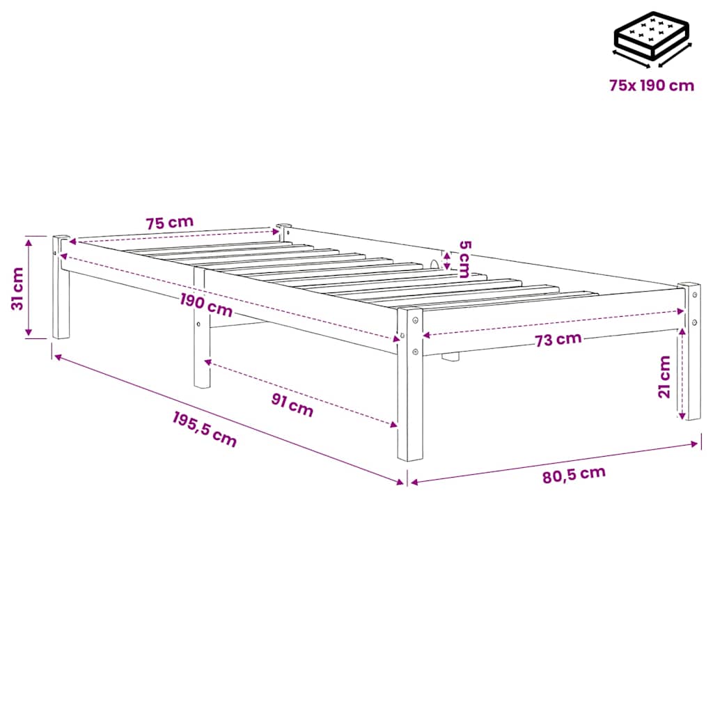 vidaXL Bed Frame without Mattress Solid Wood Small Single