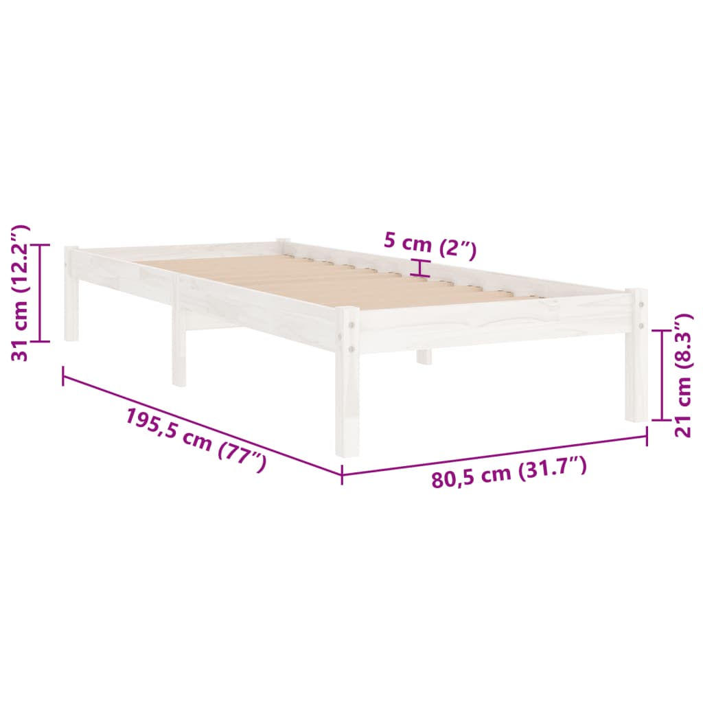 vidaXL Bed Frame | White | Solid pinewood | 75x190 cm | Durable | Bed Frame