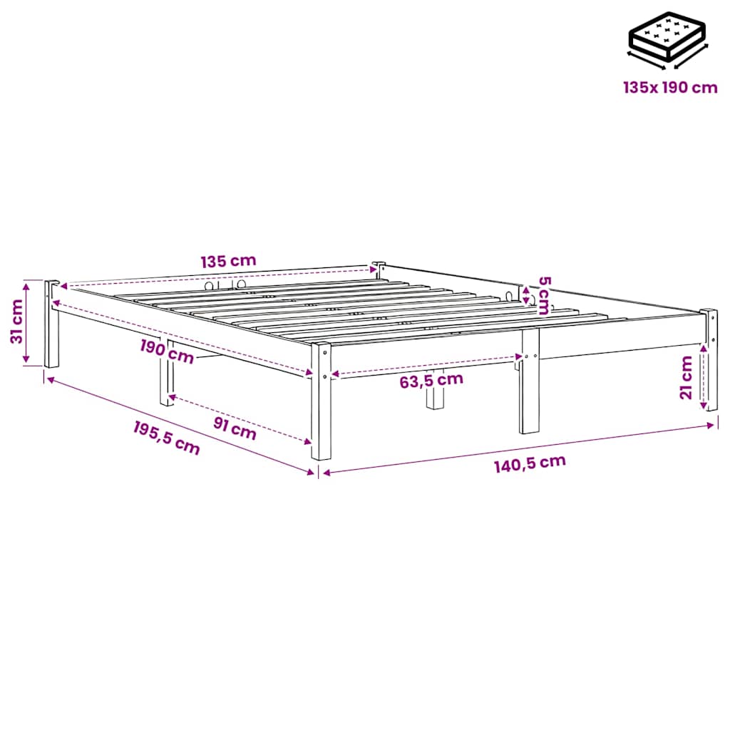 vidaXL Bed Frame without Mattress White Solid Wood Double