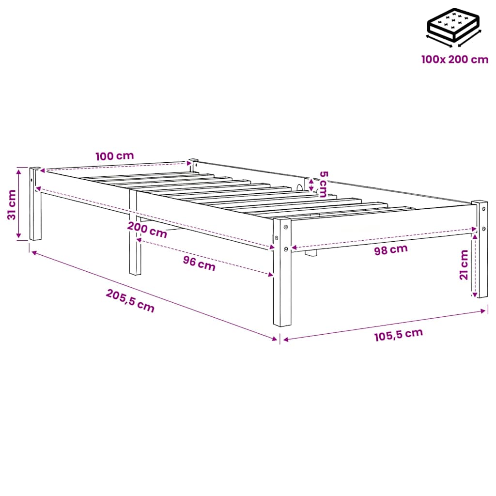vidaXL Bed Frame without Mattress White Solid Wood 100x200 cm