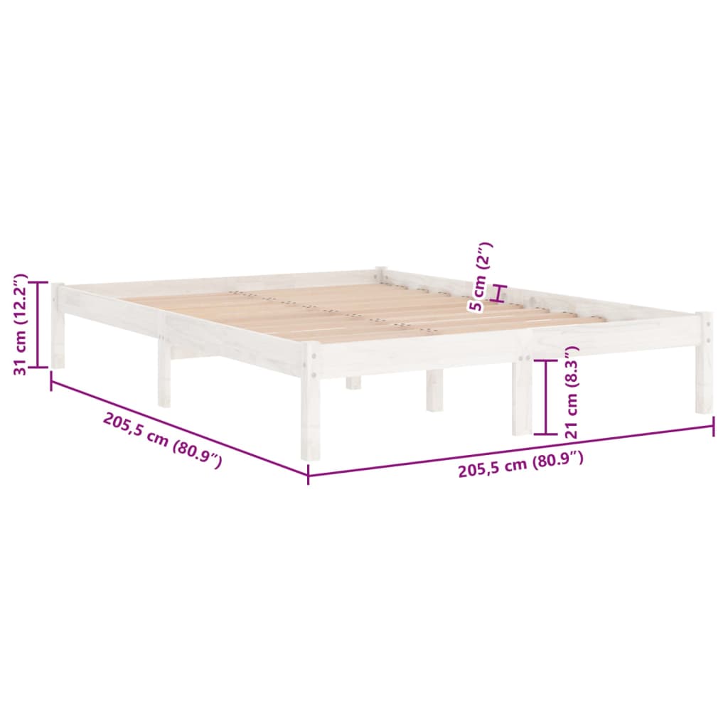 vidaXL Bed Frame | White | Solid pine wood | 200x200 cm | Durable | Bed Frame