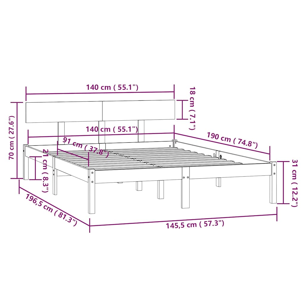 vidaXL Bed Frame without Mattress Black Solid Wood 140x190 cm