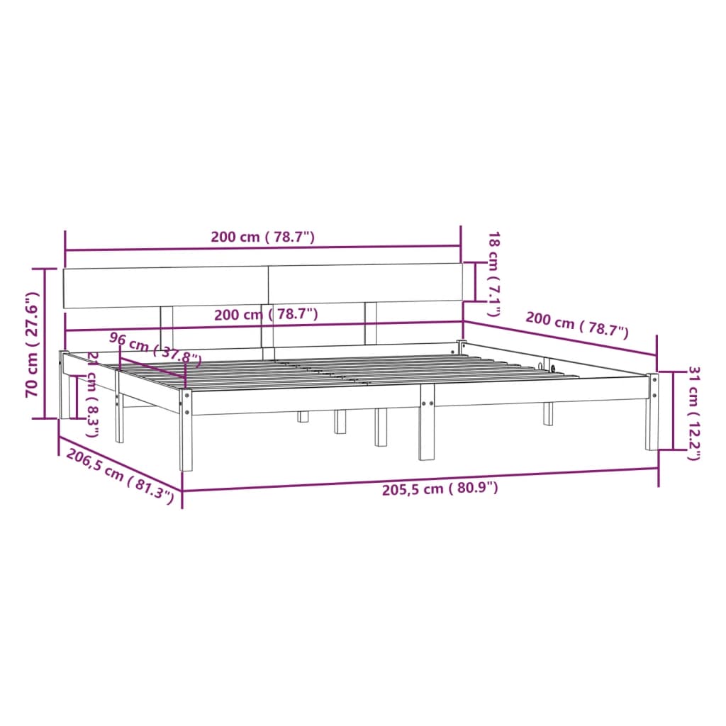 vidaXL Bed Frame | Grey | Solid pinewood | 200 x 200 cm | Durable | Bed Frame