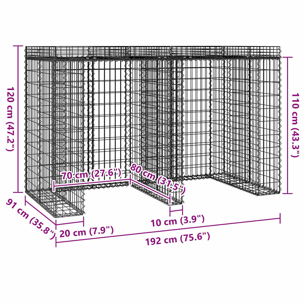 vidaXL Gabion Wall for Garbage Bin 192x91x120 cm Galvanised Iron