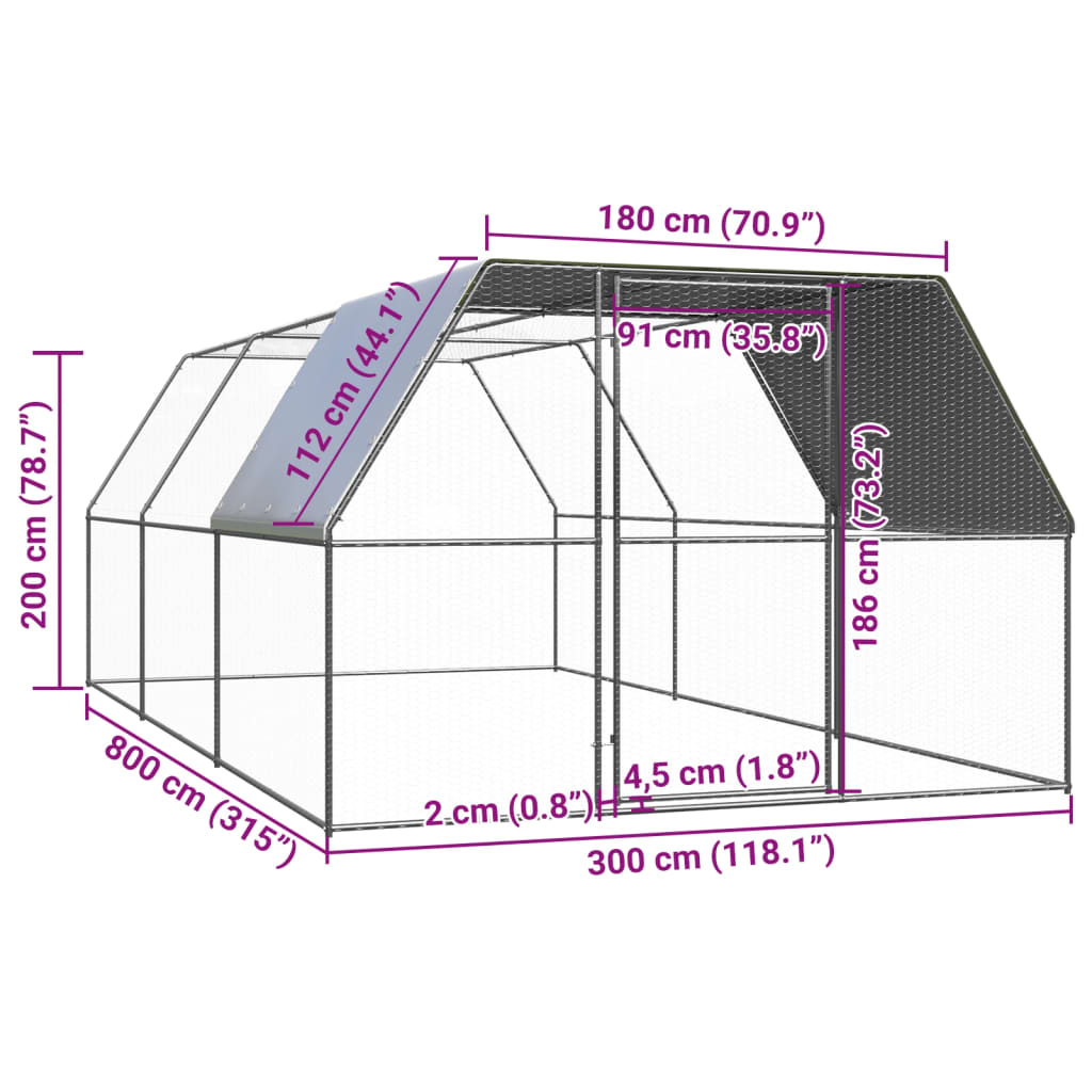vidaXL Outdoor Chicken Cage 3x8x2 m Galvanised Steel