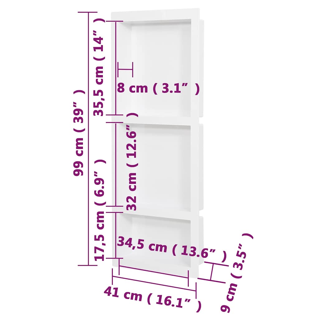 vidaXL Shower Niche with 3 Compartments High Gloss White 41x99x9 cm