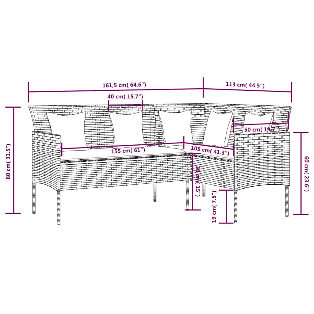vidaXL 5 Piece L-shaped Couch Sofa Set with Cushions Poly Rattan Grey