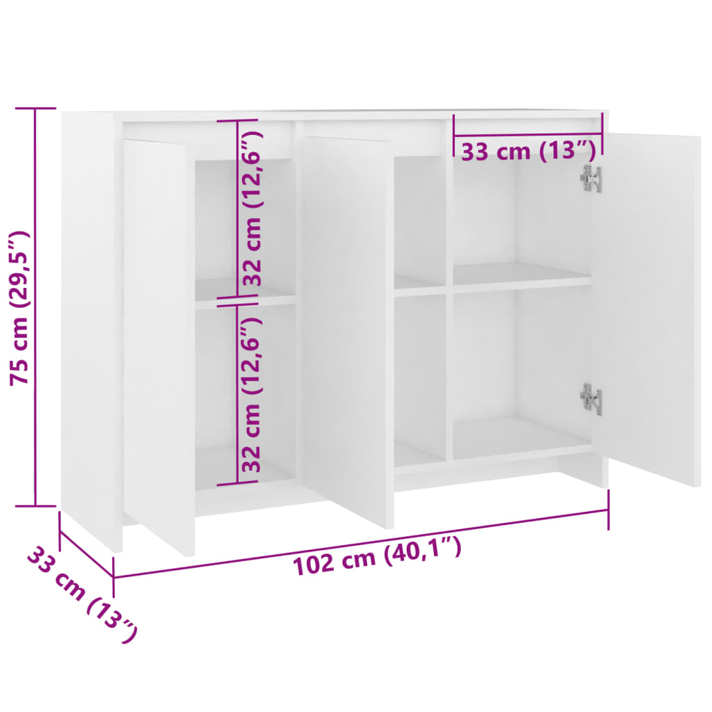 809773 vidaXL Sideboard White 102x33x75 cm Engineered Wood