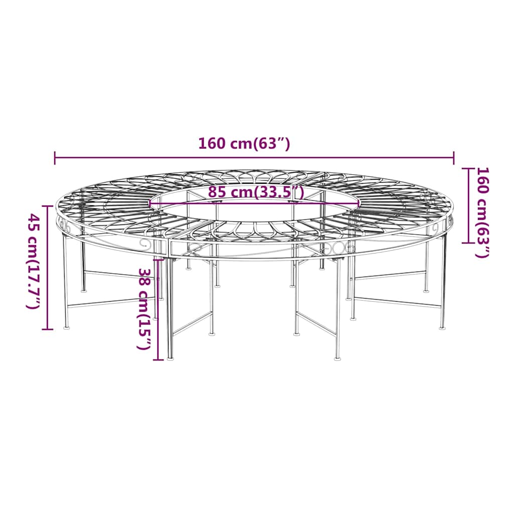318821 vidaXL Round Tree Bench Ø160 cm Black Steel